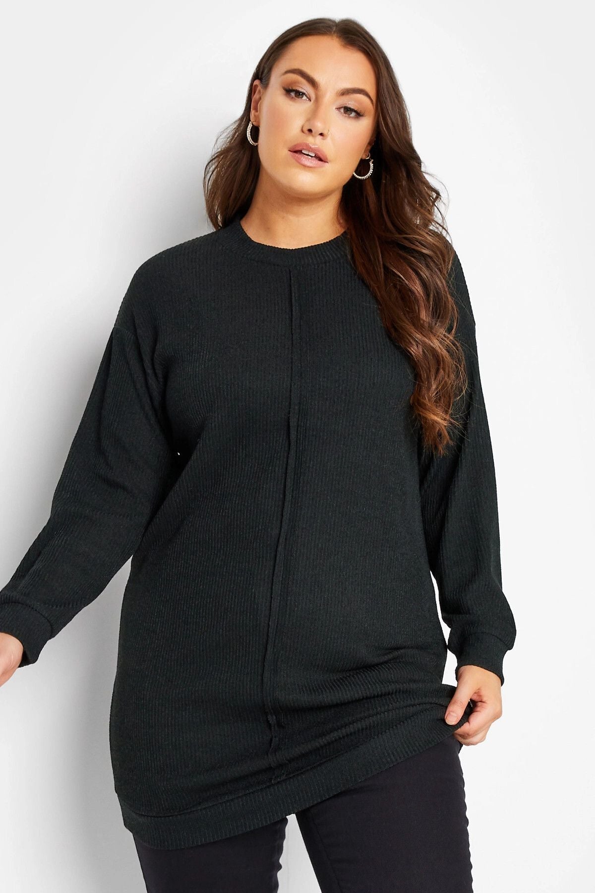 Büyük Beden Önü Dikiş Detaylı Uzun Kesim Triko Kazak 301714