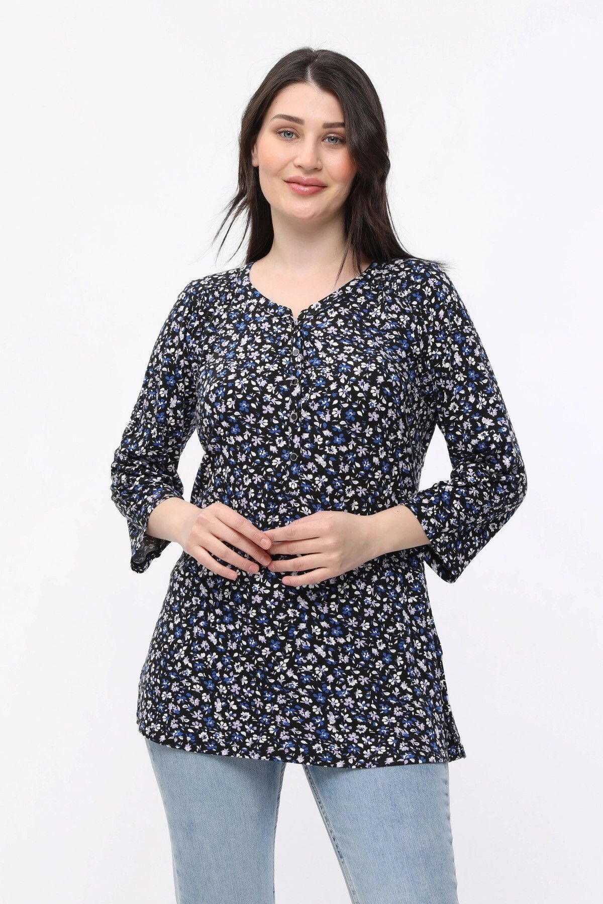 Büyük Beden Çiçek Desenli Önü Düğmeli Fakir Kol Bluz E15156