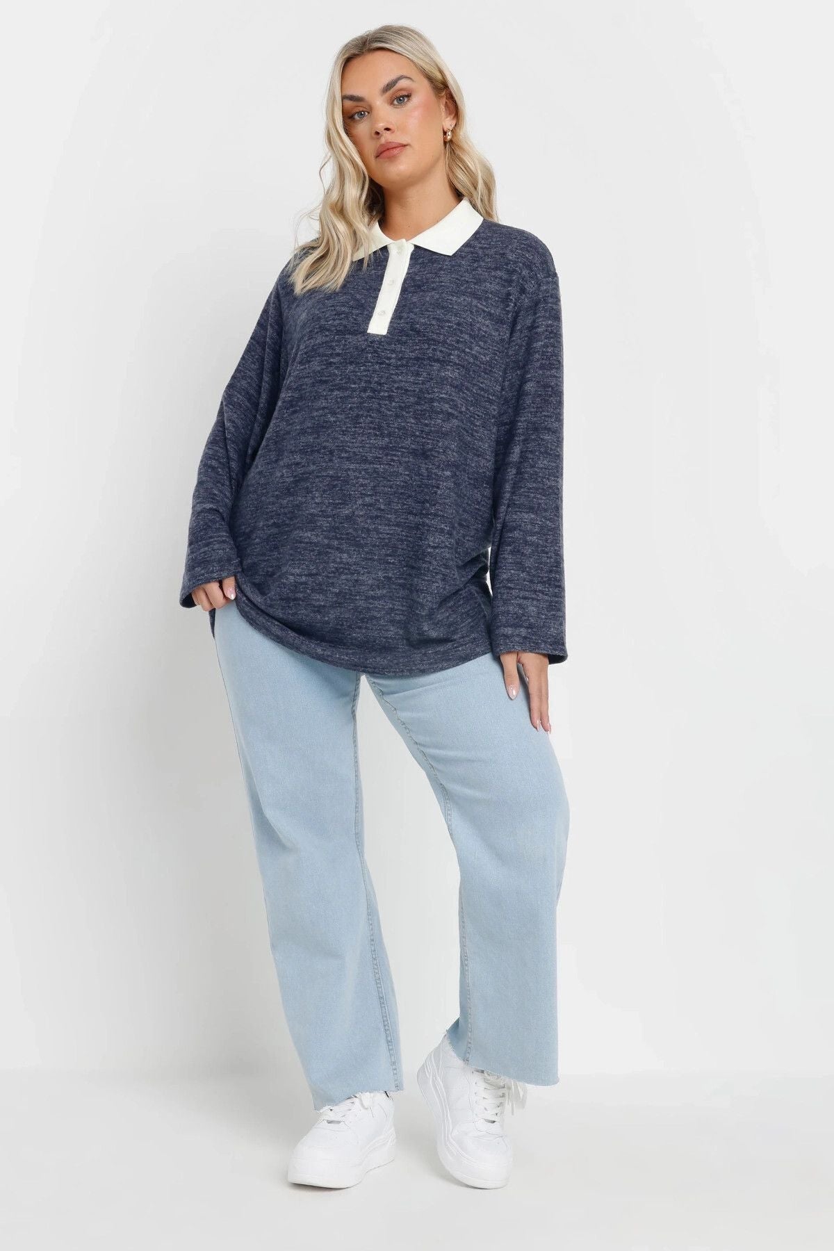 Büyük Beden Gömlek Yaka Uzun Kollu Yumuşak Dokulu Kazak 285043