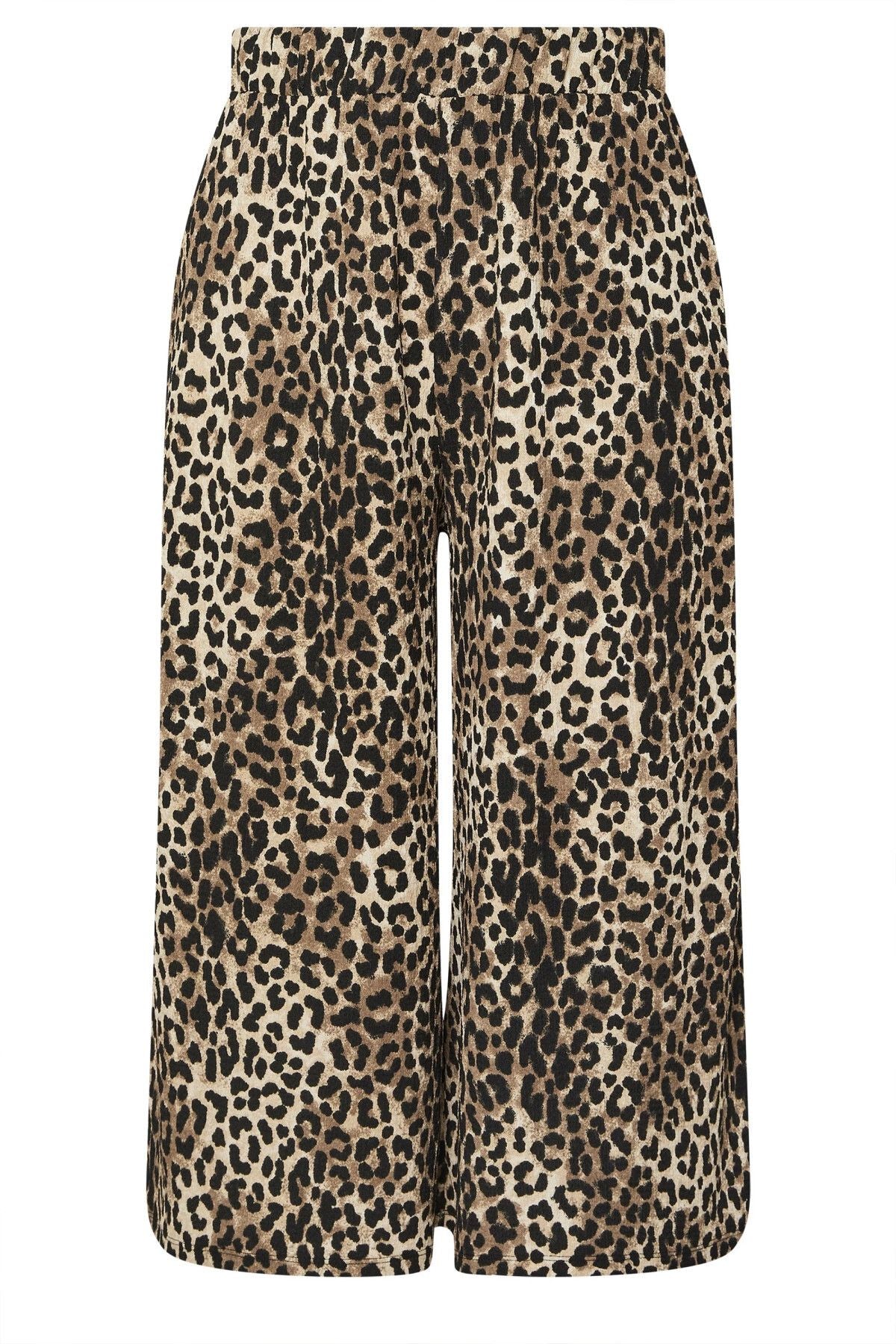 Büyük Beden Beli Lastikli Cepli Leopar Desenli Midi Bol Paça Pantolon 145267
