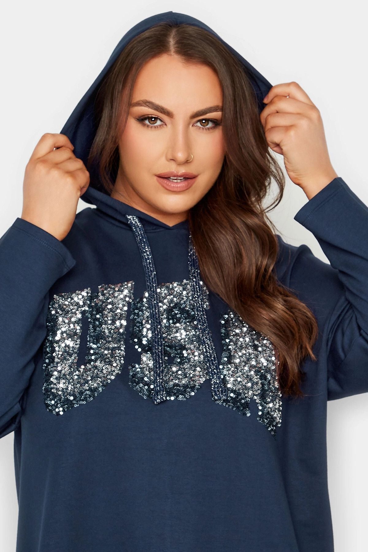 Büyük Beden Kapüşonlu Payetli Asimetrik Uzun Kesim Sweatshirt 301768