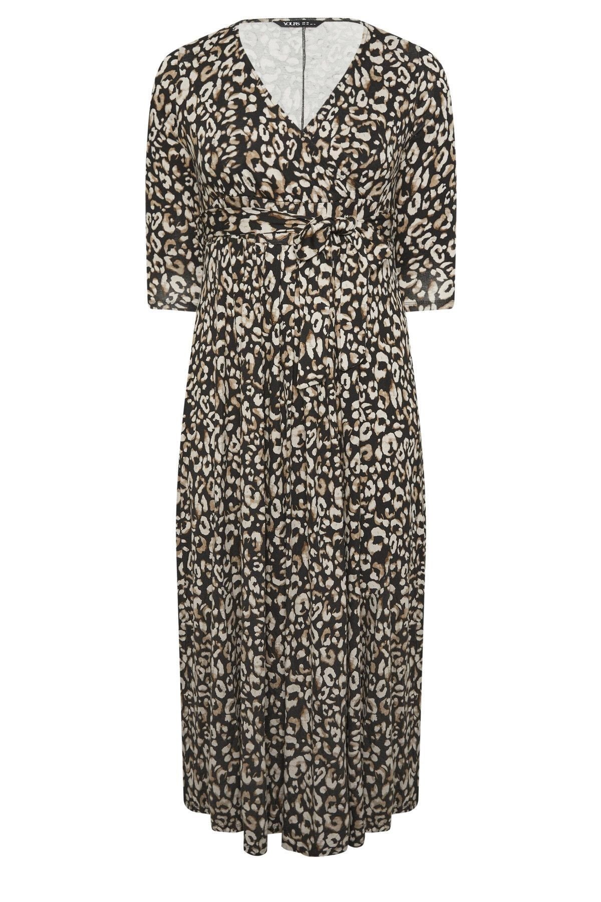 Büyük Beden Leopar Desenli Beli Kuşaklı Kruvaze Yaka Uzun Elbise 302693