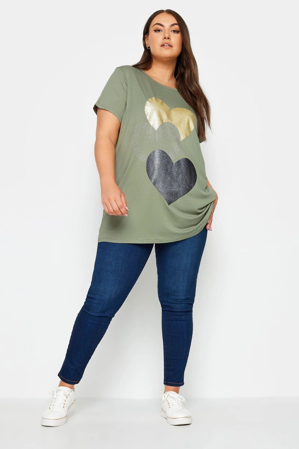 Büyük Beden Bisiklet Yaka Kısa Kollu Parıltılı Baskılı T-shirt 302271