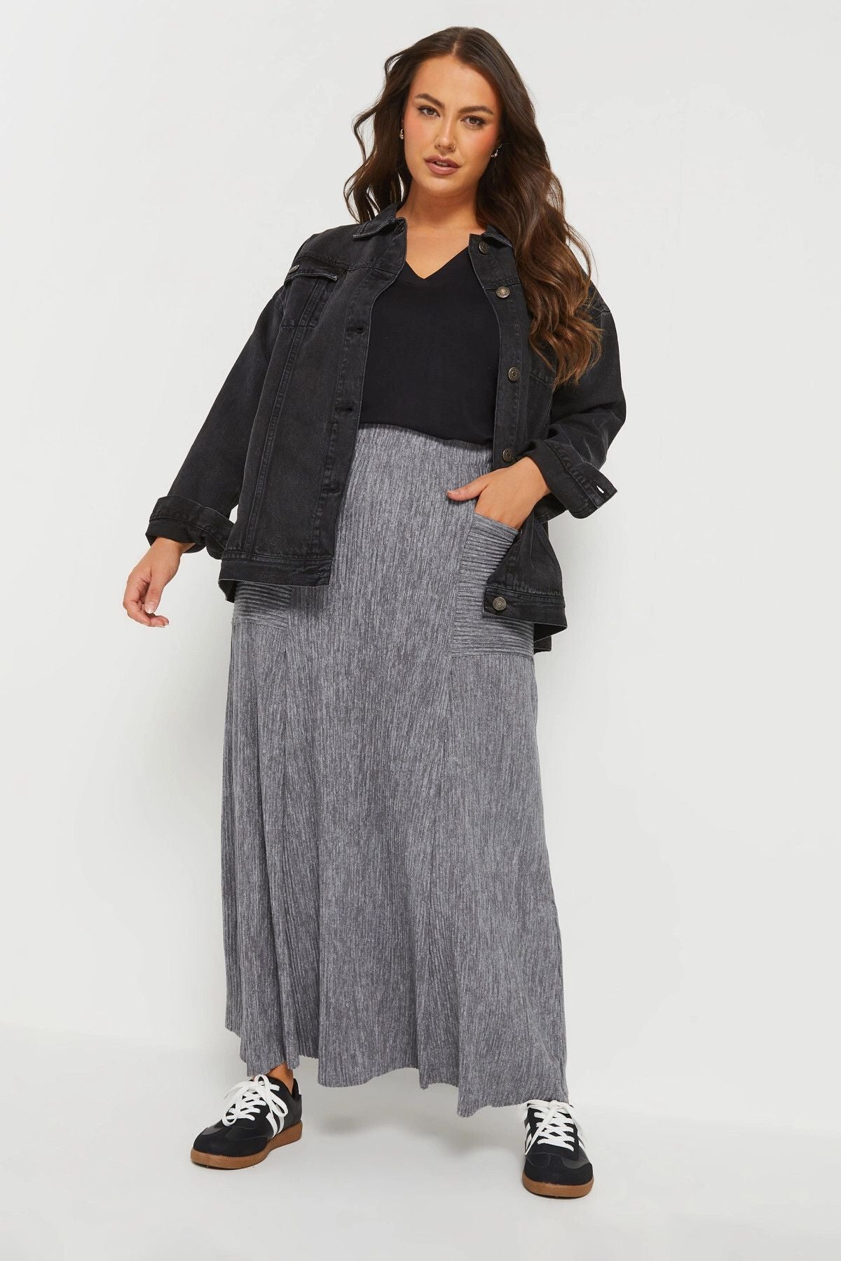 Büyük Beden Beli Lastikli Önden Cepli Fitilli Maxi Etek 303899