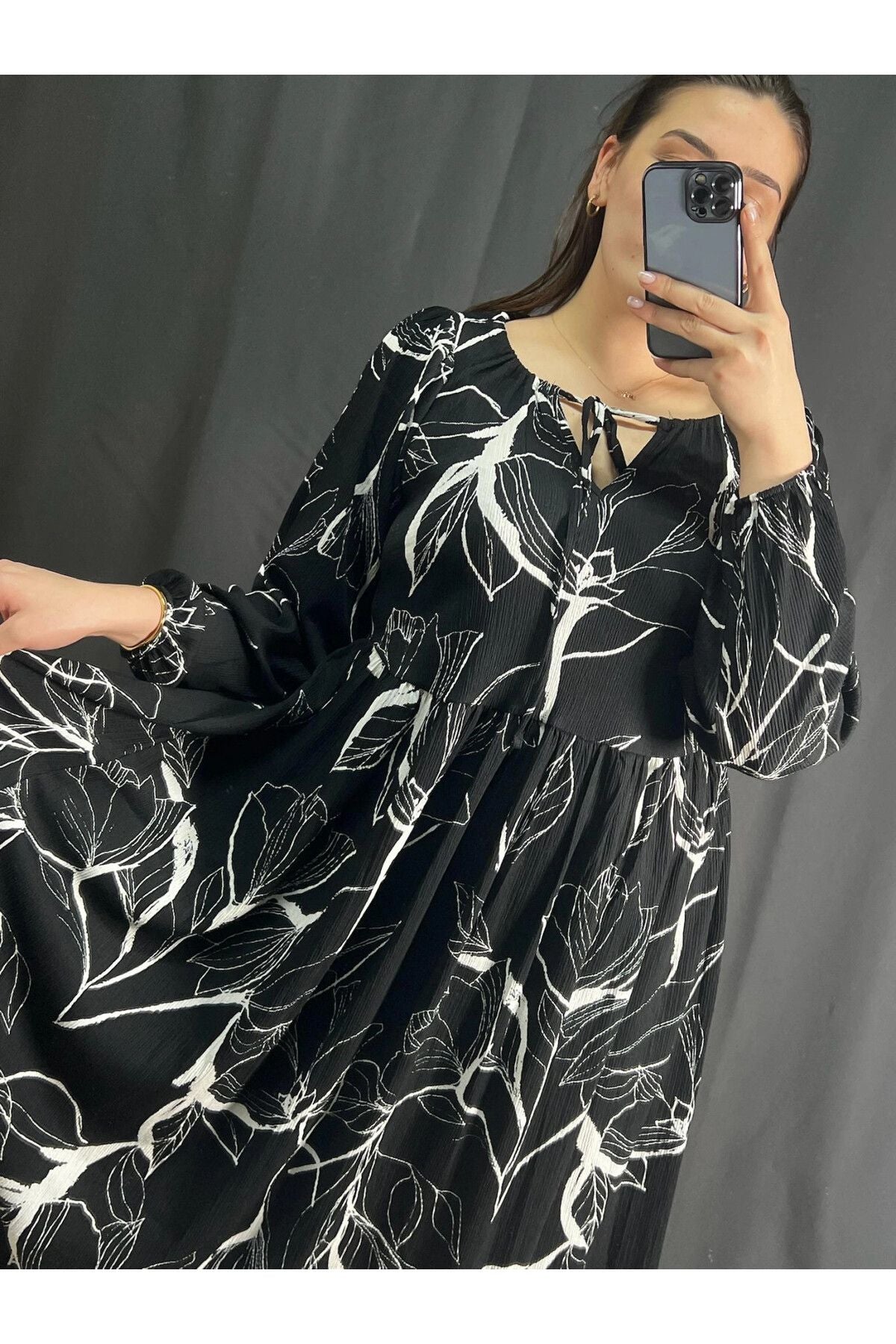 Büyük Beden Önü Bağlamalı Desenli Uzun Kollu Midi Elbise 302741