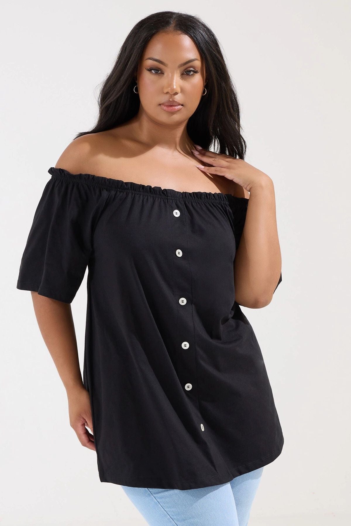 Büyük Beden Düşük Omuz Düğme Detaylı Straplez Bluz 322704