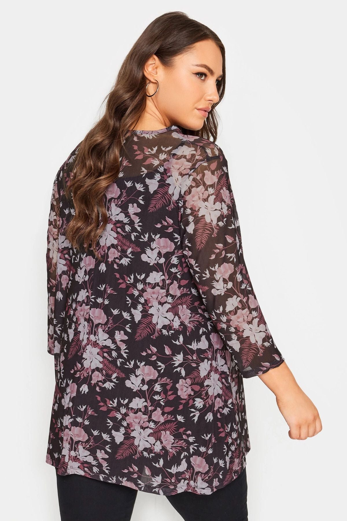 Büyük Beden Bisiklet Yaka Çiçek Desenli Uzun Kollu Tül Bluz 302700