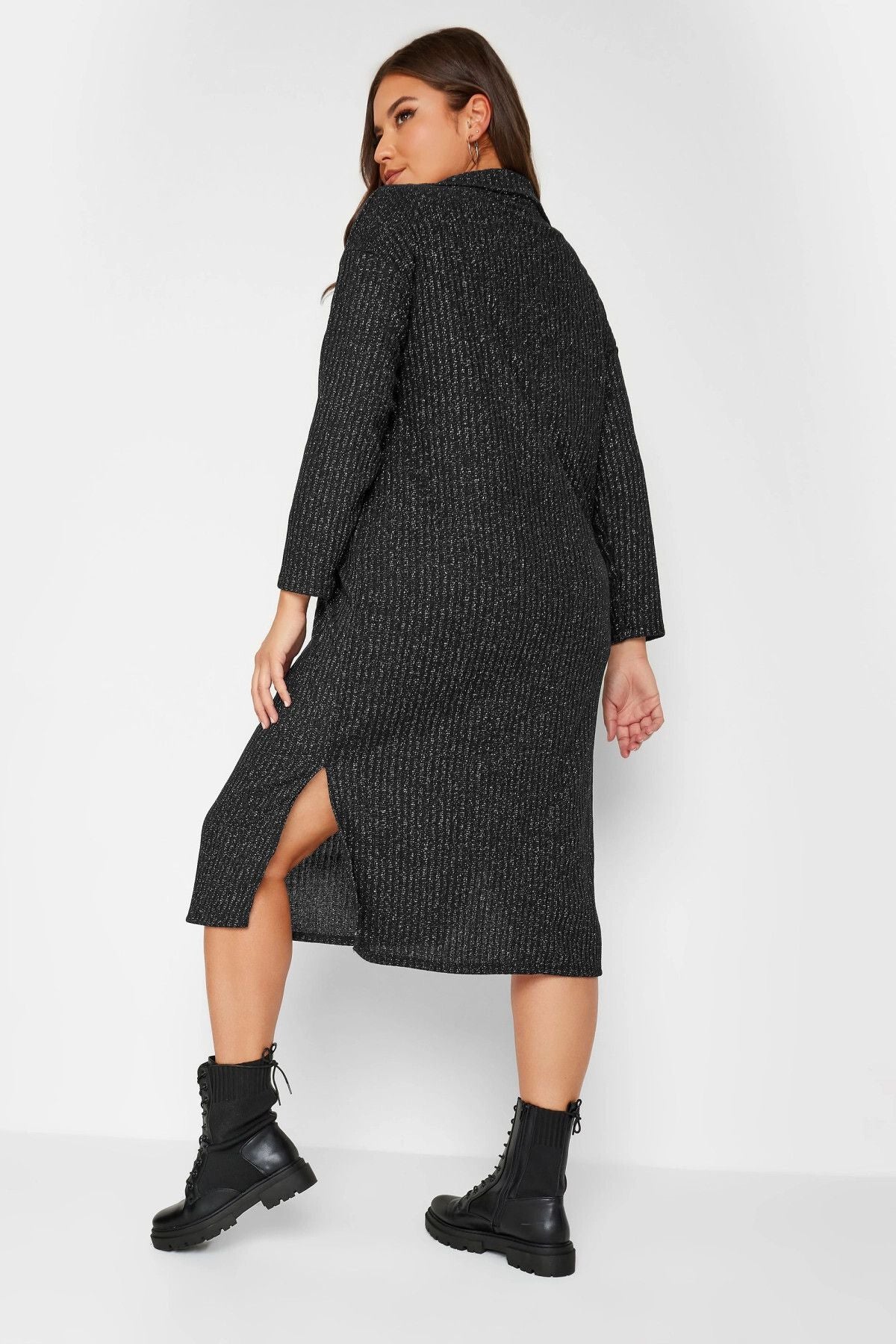 Büyük Beden Polo Yaka Yırtmaç Detaylı Midi Boy Triko Elbise 301580