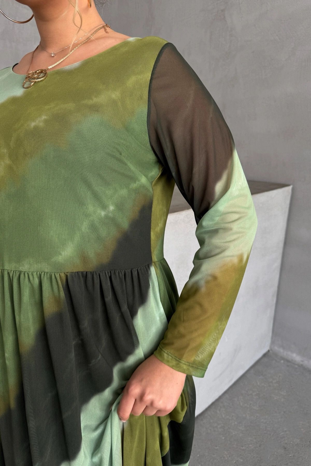 Büyük Beden Bisiklet Yaka Uzun Kollu Beli Lastikli Astarlı Elbise 615922