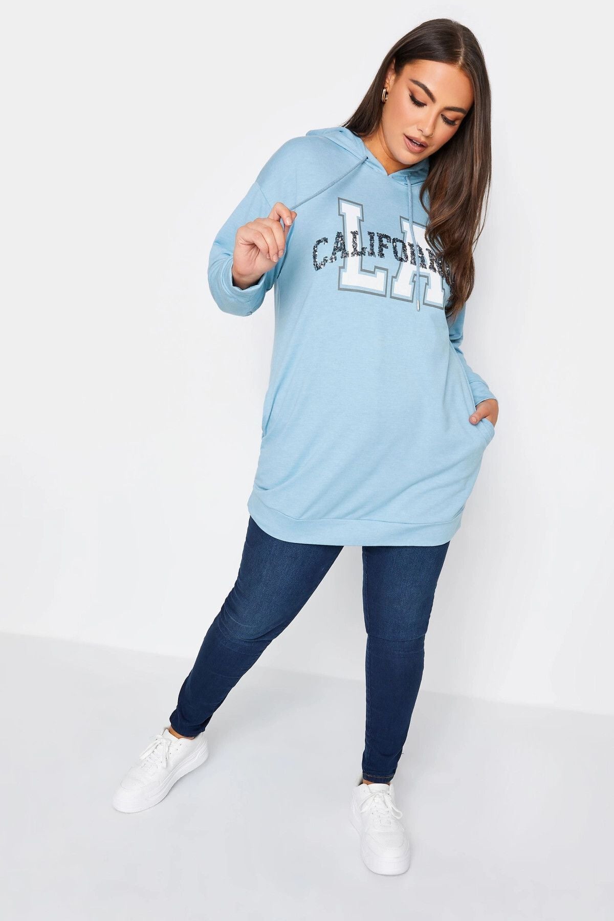 Büyük Beden Kapüşonlu Payet Ve Yazı Detaylı Uzun Kollu Cepli Sweatshirt 302566