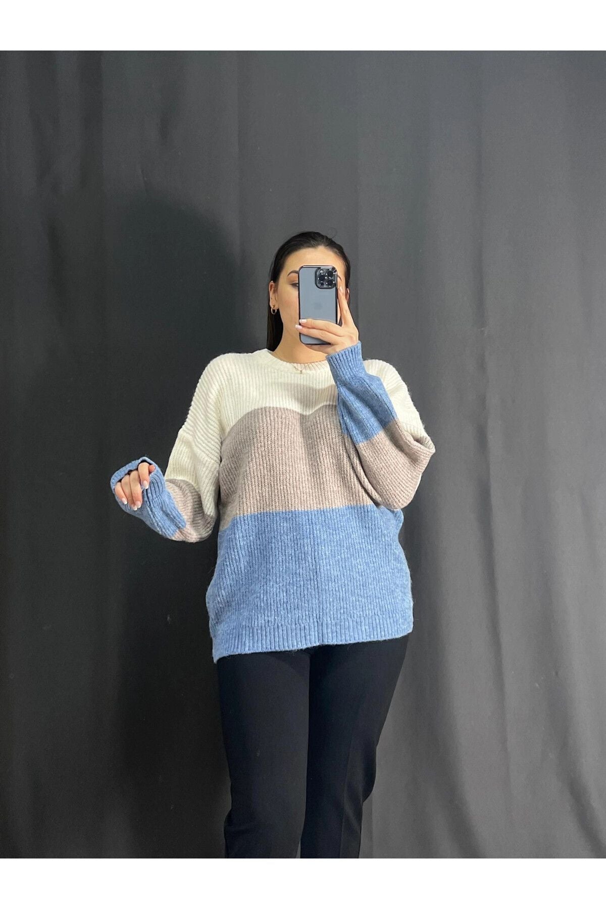 Büyük Beden Bisiklet Yaka Renk Geçişli Uzun Kollu Triko Kazak 302344