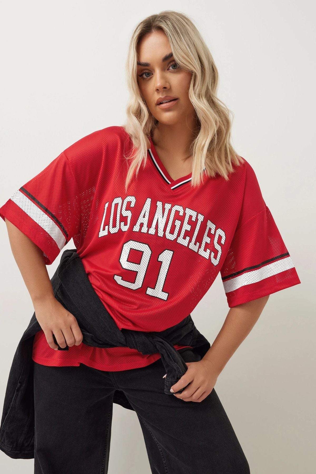 Büyük Beden V Yaka Kısa Kollu Baskılı File T-shirt 303494