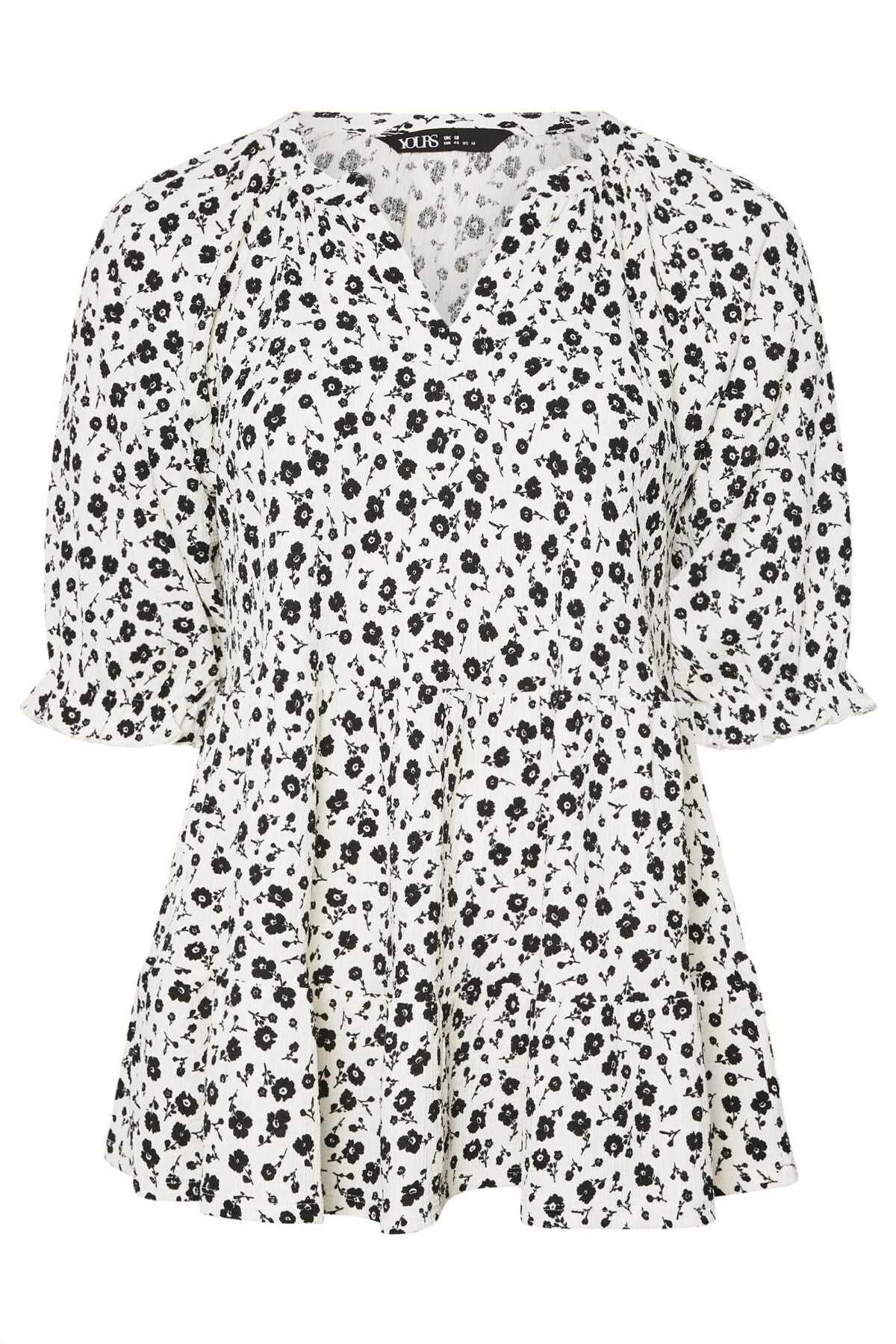 Büyük Beden Yarım Kollu V Yaka Eteği Fırfırlı Desenli Bluz 322572