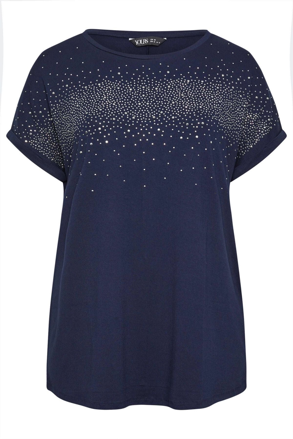 Büyük Beden Bisiklet Yaka Taş İşlemeli Kısa Kollu Bluz 321325