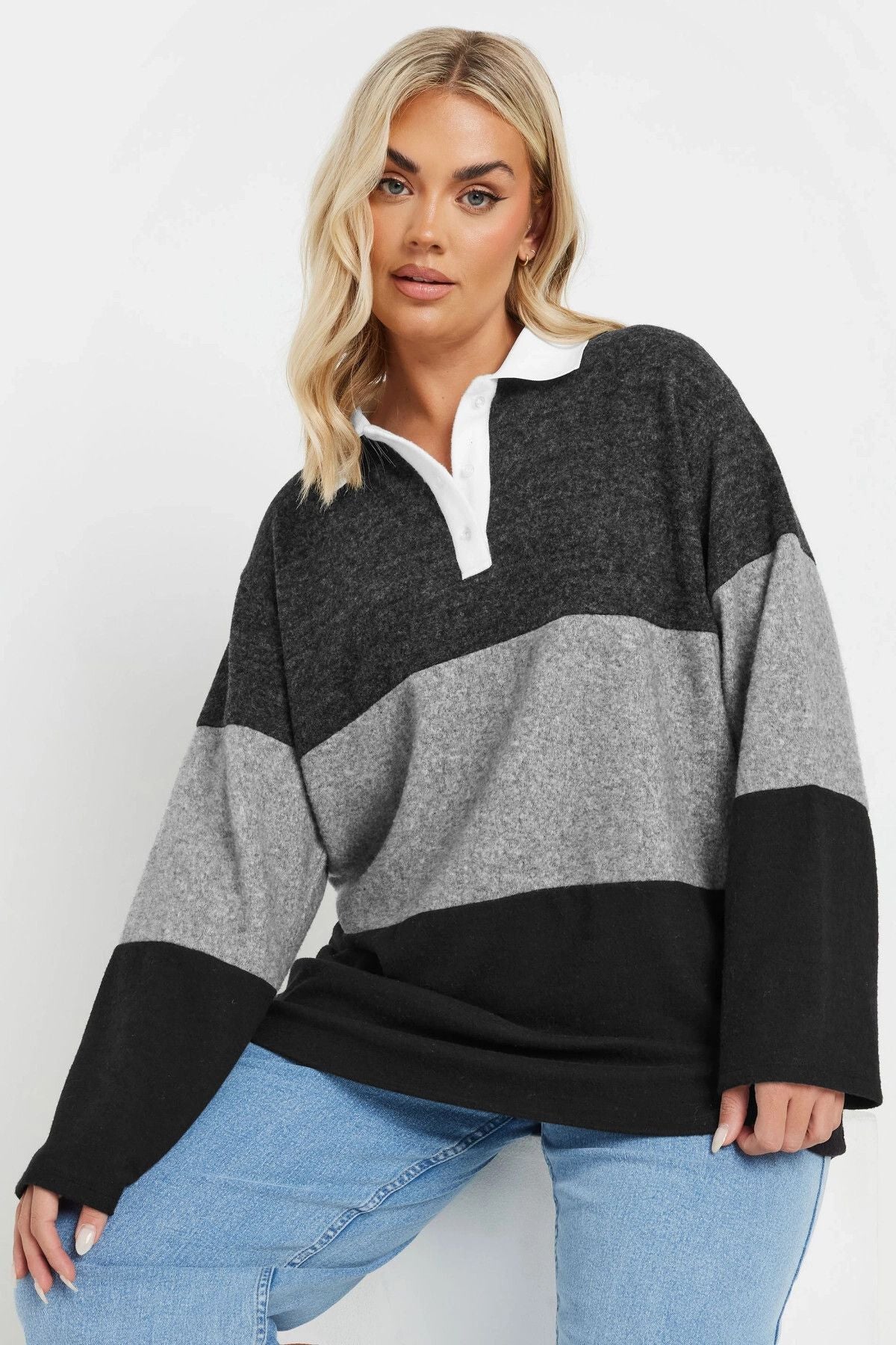 Büyük Beden Gömlek Yaka Uzun Kollu Yumuşak Dokulu Kazak 285045