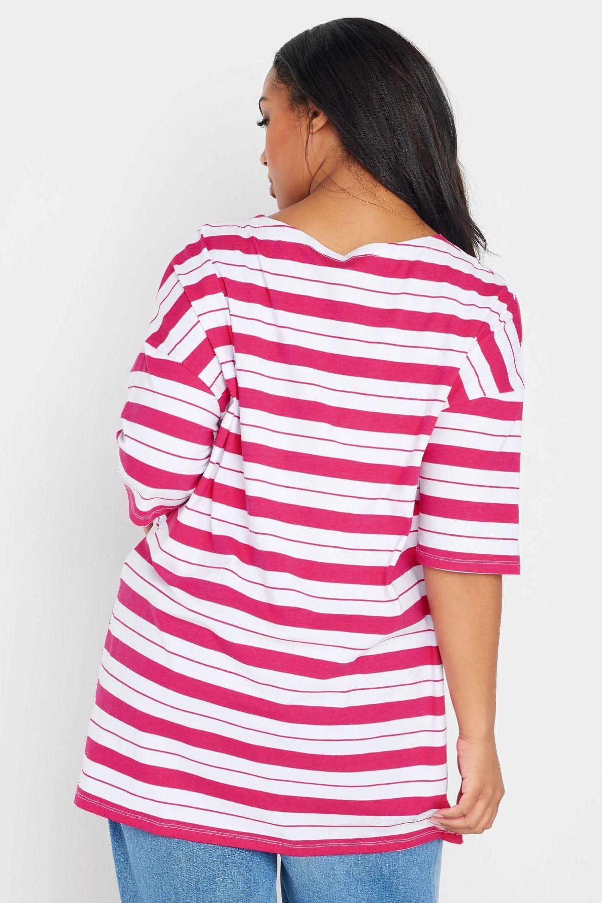 Büyük Beden Bisiklet Yaka Kısa Kollu Yanları Yırtmaçlı Çizgili T-shirt 303945