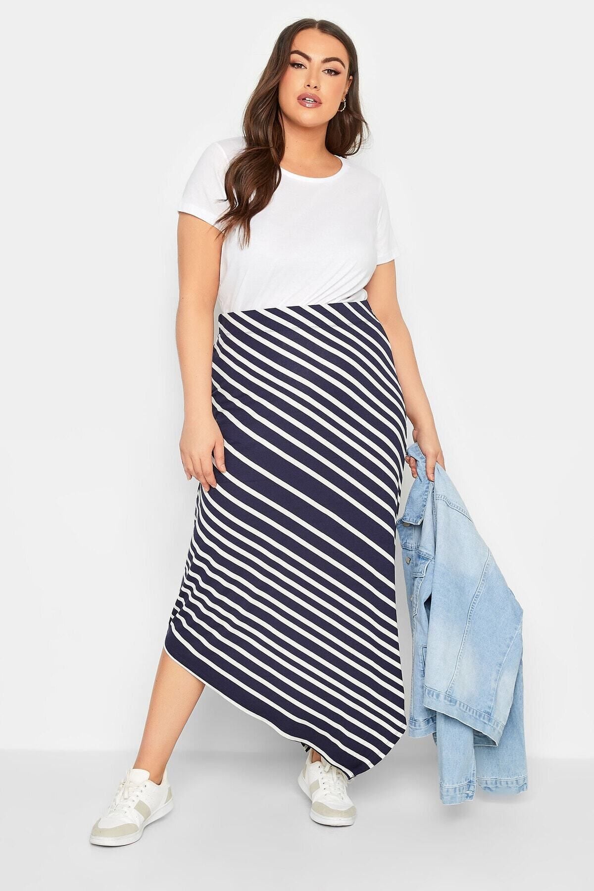 Büyük Beden Yatay Çizgili Beli Lastikli Midi Boy Asimetrik Kesim Etek 301629