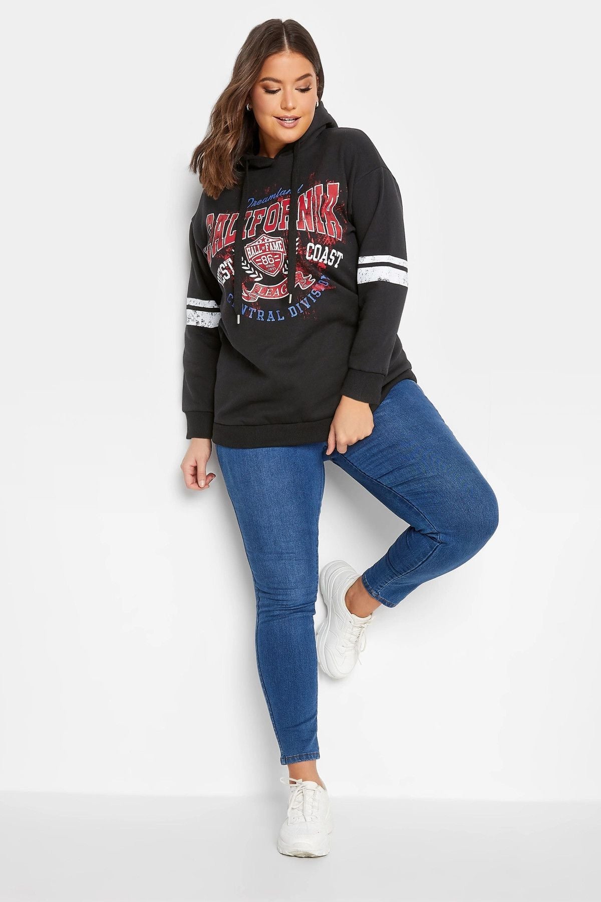 Büyük Beden Kolları Şeritli Kapüşonlu Uzun Kollu Sweatshirt 302128