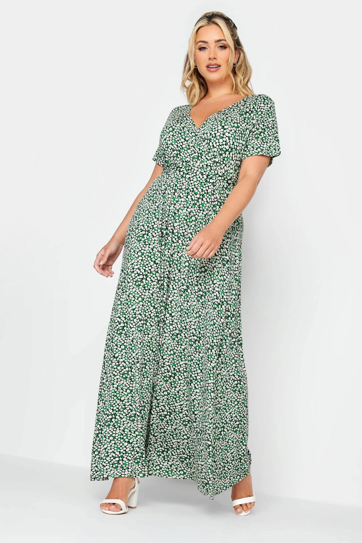 Büyük Beden Desenli V Yaka Uzun Esnek Kumaş Elbise 302372