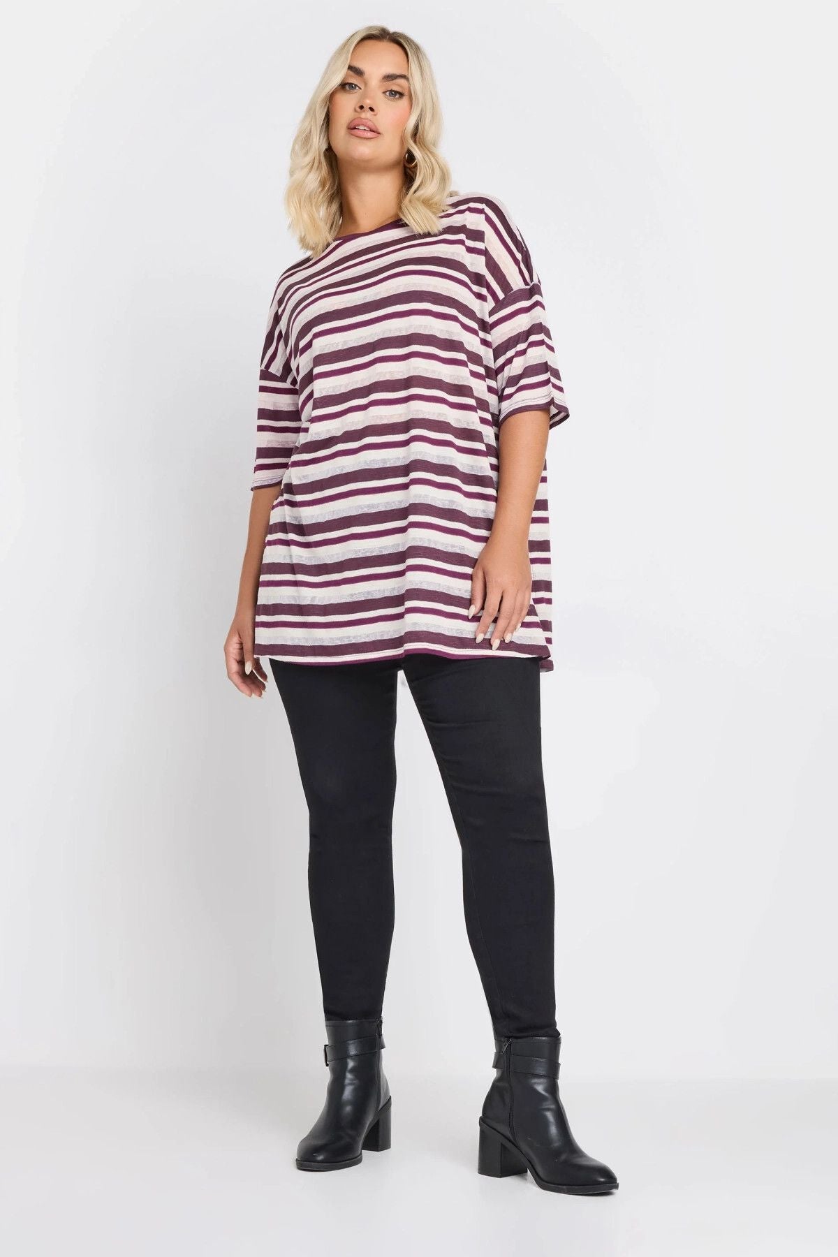 Büyük Beden Yanları Yırtmaçlı Kısa Kollu Bisiklet Yaka Çizgili T-shirt 303668