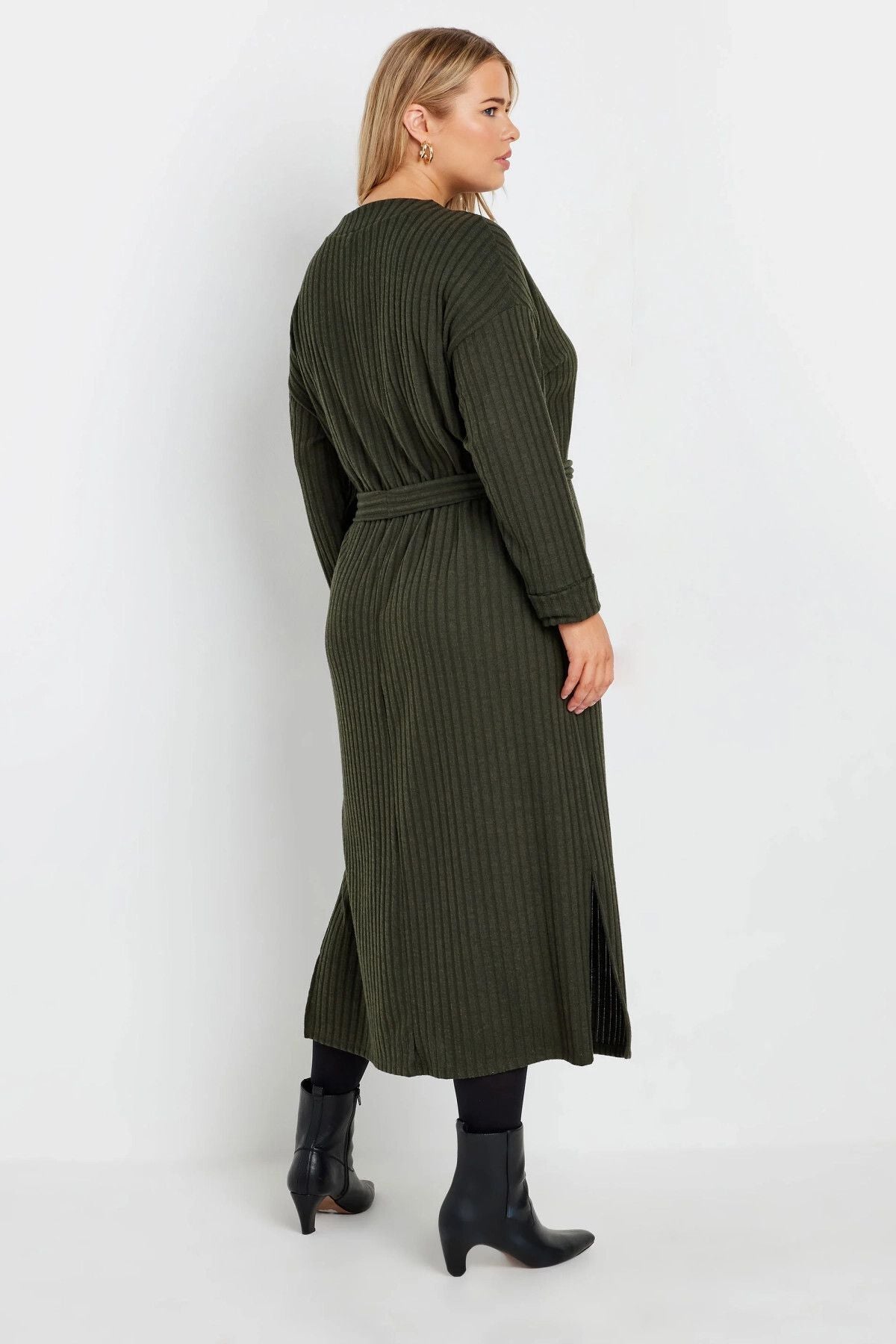 Büyük Beden Kuşaklı Düz Kesim Fitilli Uzun Kollu Astarsız Midi Elbise 322196