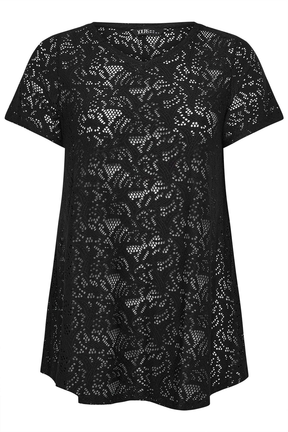 Büyük Beden V Yaka Sıfır Kol Astarsız Dantel T-shirt 304094