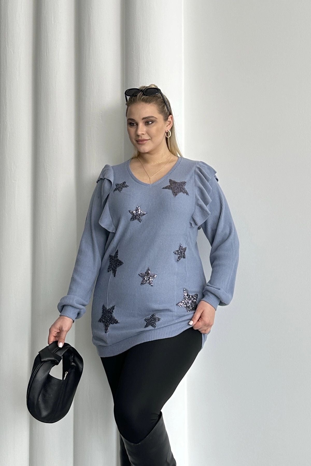 Büyük Beden Uzun Kolları Fırfırlı Yıldız Desen İşlemeli Bluz 301234