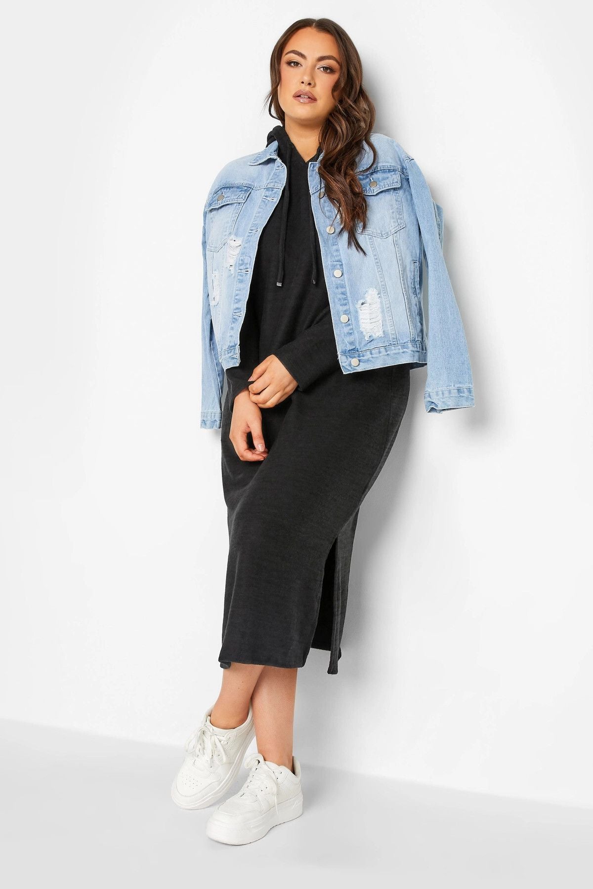 Büyük Beden Kapüşonlu Yırtmaç Detaylı Midi Boy Elbise 301554