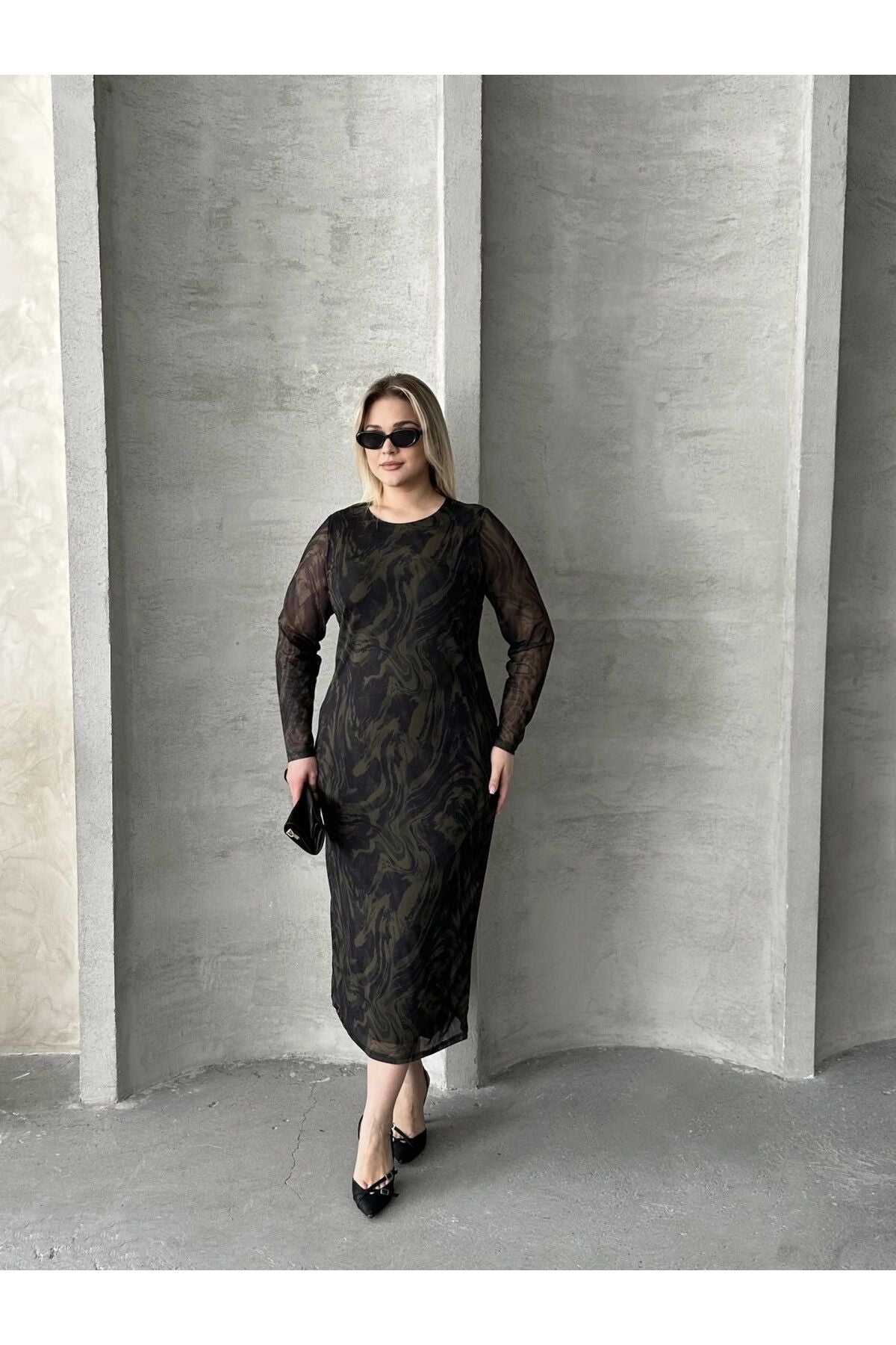 Büyük Beden Uzun Tül Kol Astarlı Mesh Midi Elbise 216292