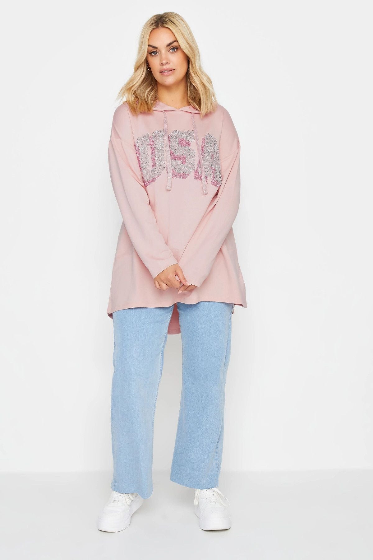 Büyük Beden Kapüşonlu Payet Detaylı Cepsiz Uzun Kollu Sweatshirt 303002