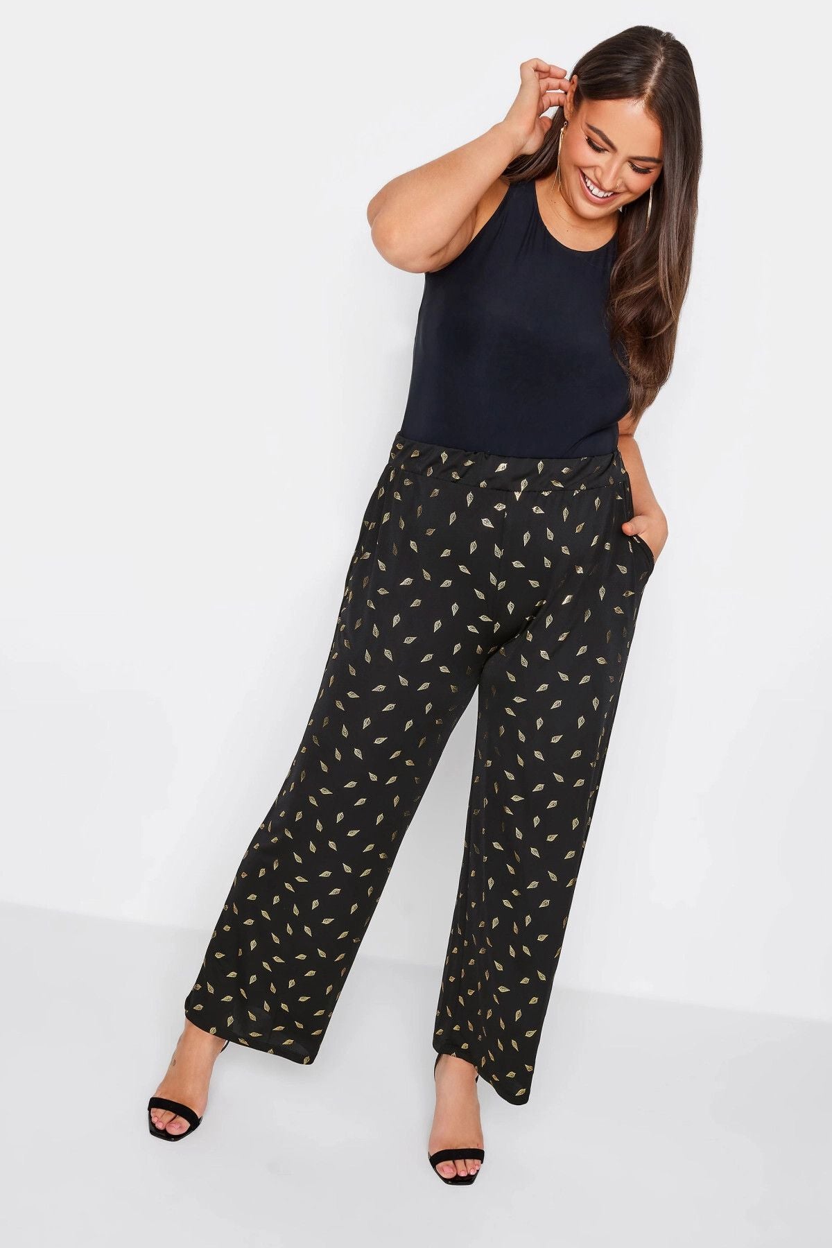 Büyük Beden Beli Lastikli Cepli Soyut Desenli Geniş Paça Pantolon 302575