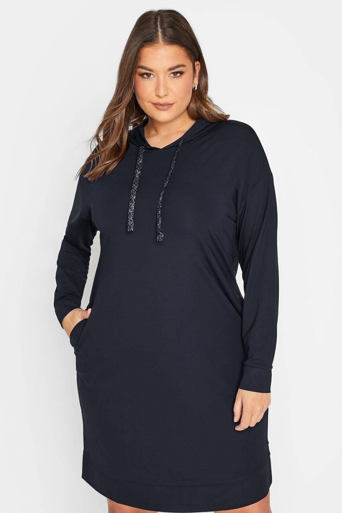 Büyük Beden Kapüşonlu Cepli Uzun Kollu Sweat Elbise 301732