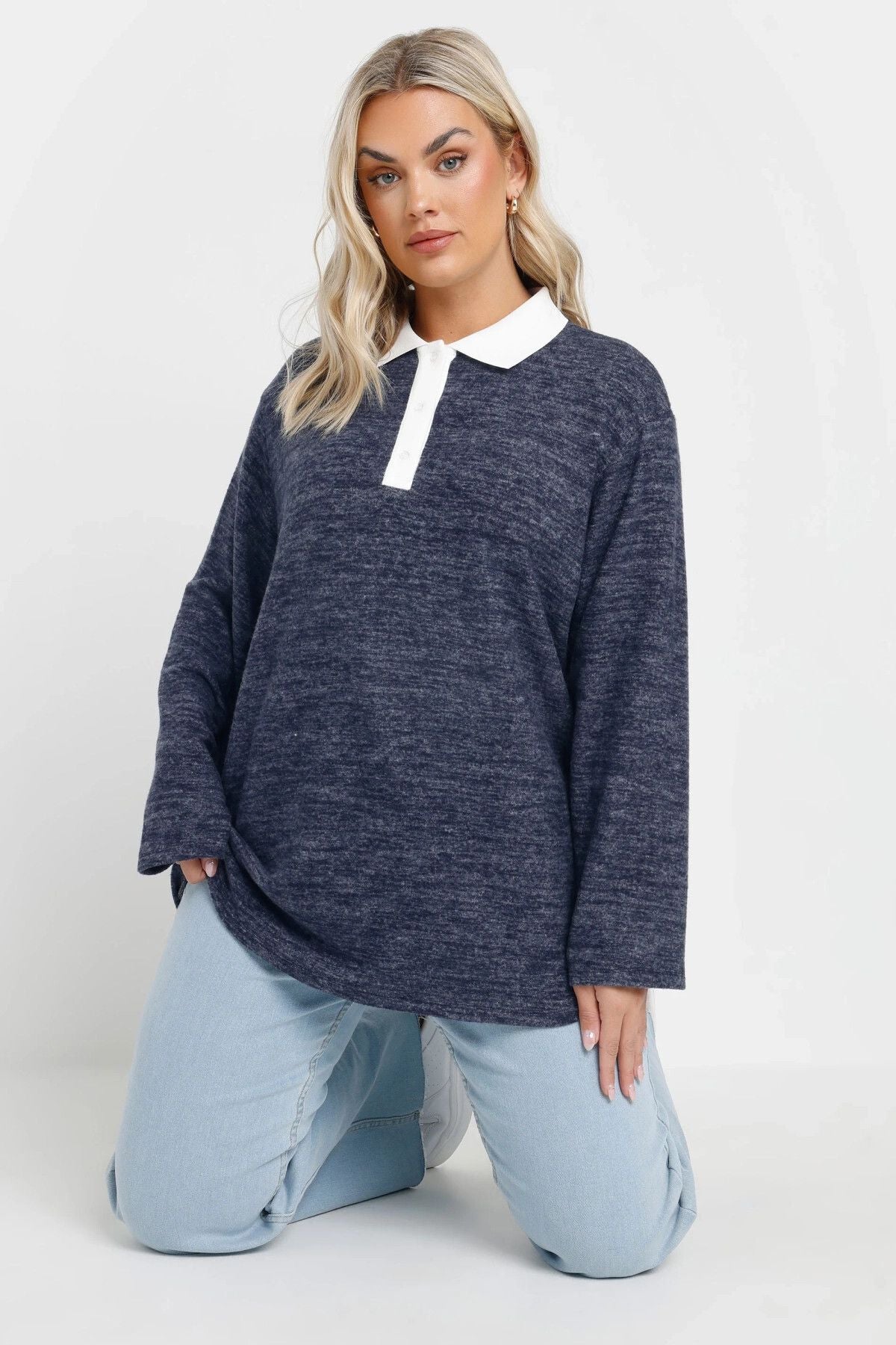 Büyük Beden Gömlek Yaka Uzun Kollu Yumuşak Dokulu Kazak 285043