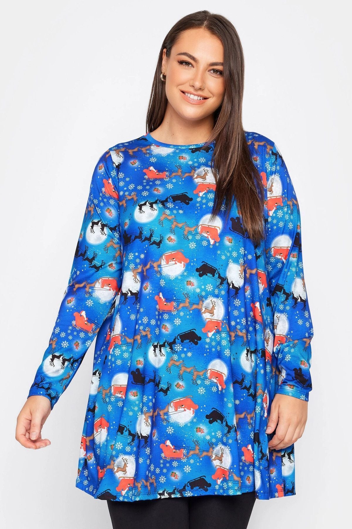 Büyük Beden Yılbaşı Temalı Bisiklet Yaka Uzun Kollu Uzun Kesim Bluz 321244