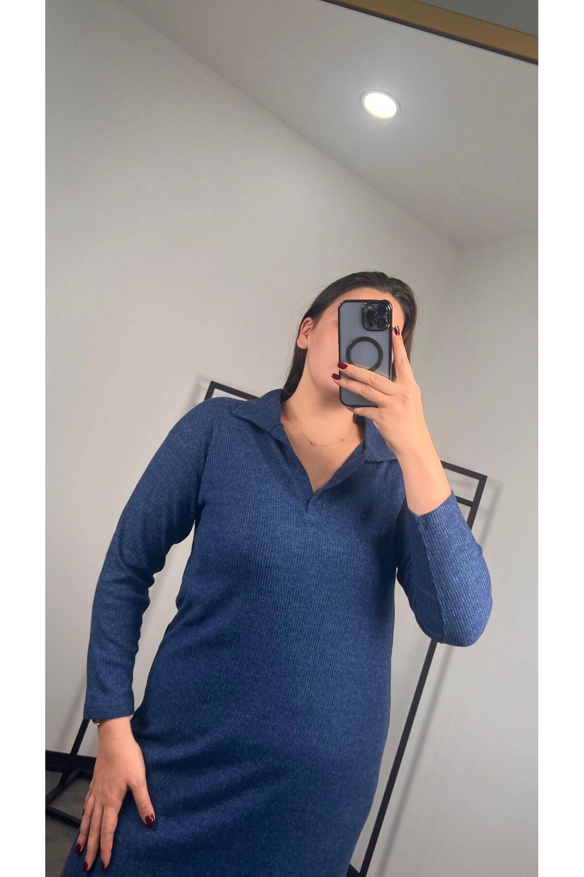 Büyük Beden Polo Yaka Yırtmaç Detaylı Midi Boy Triko Elbise 301514