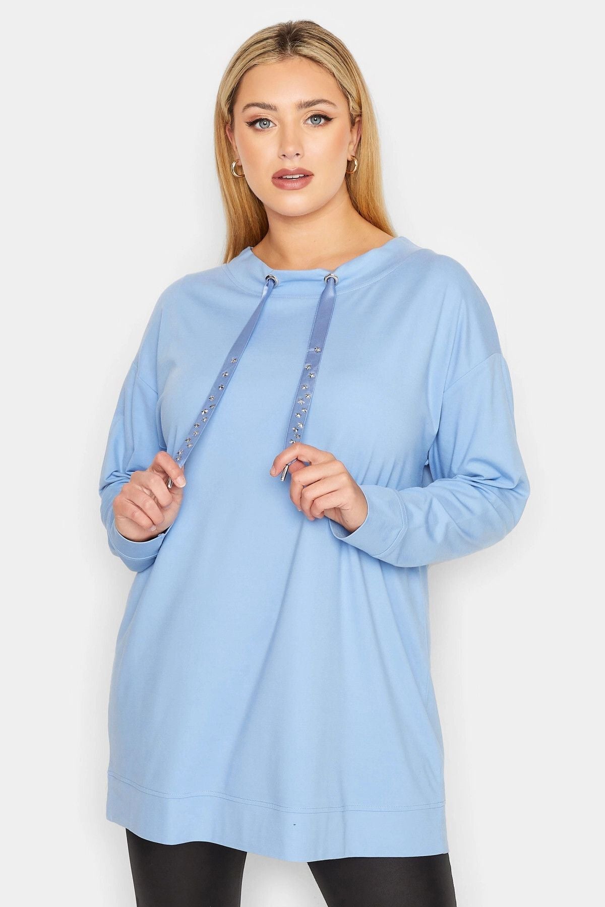 Büyük Beden Yıldız İşlemeli İpli Yaka Uzun Kesim Sweatshirt 301640