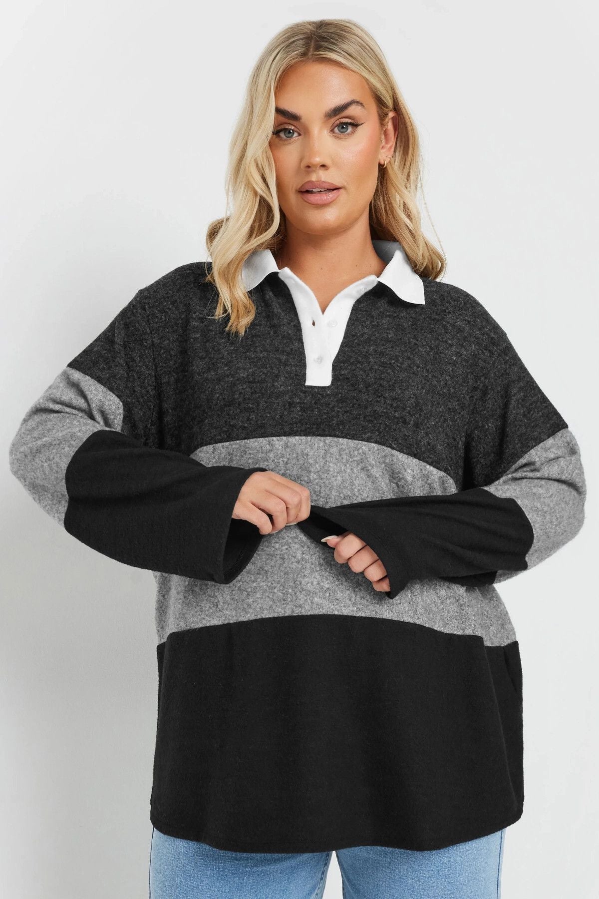 Büyük Beden Gömlek Yaka Uzun Kollu Yumuşak Dokulu Kazak 285045