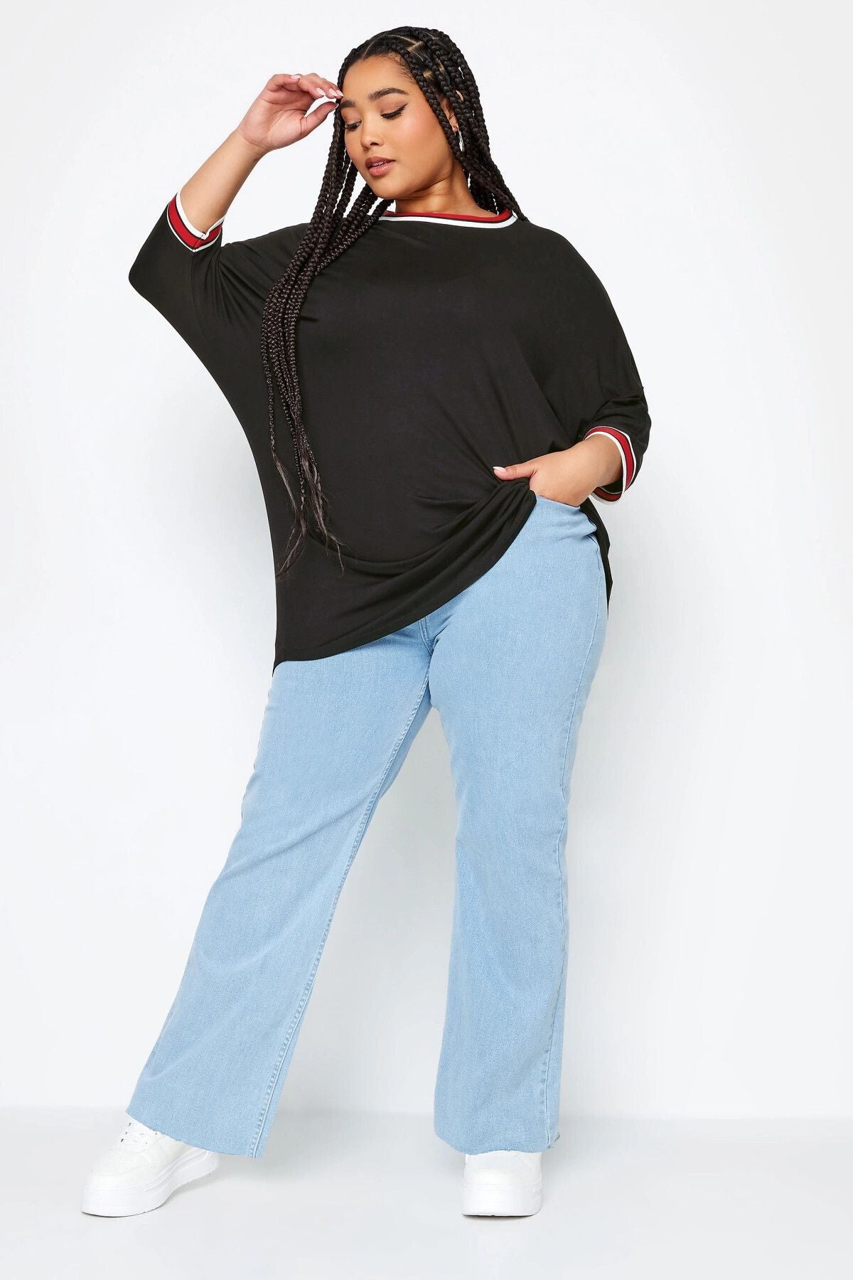 Büyük Beden Bisiklet Yaka Yarasa Kol Şerit Detaylı Bluz 302656