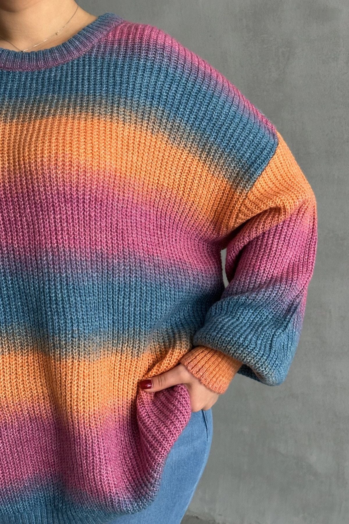 Büyük Beden Uzun Kollu Bisiklet Yaka Renk Bloklu Triko Kazak DG-09