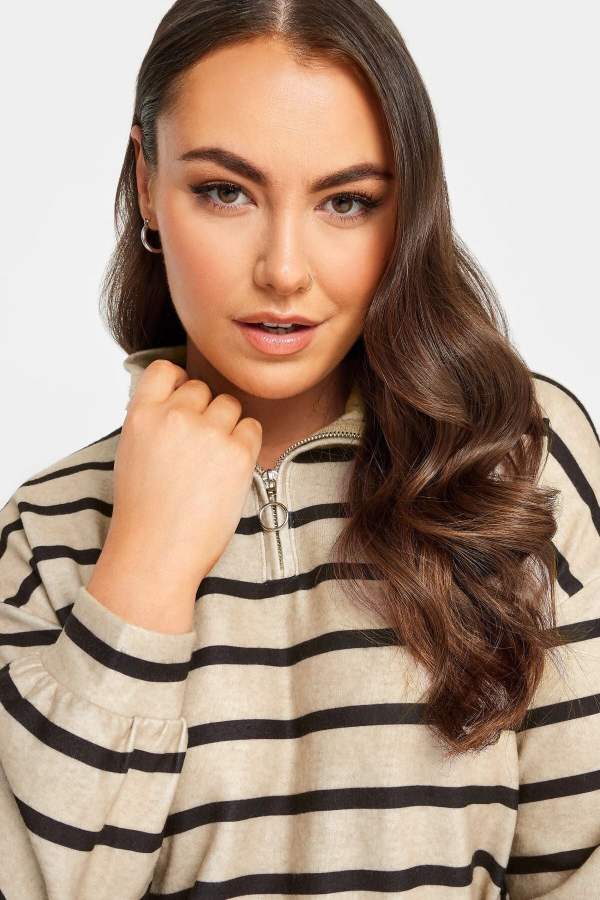 Büyük Beden Fermuarlı Polo Yaka Uzun Kollu Çizgili Elbise 302881