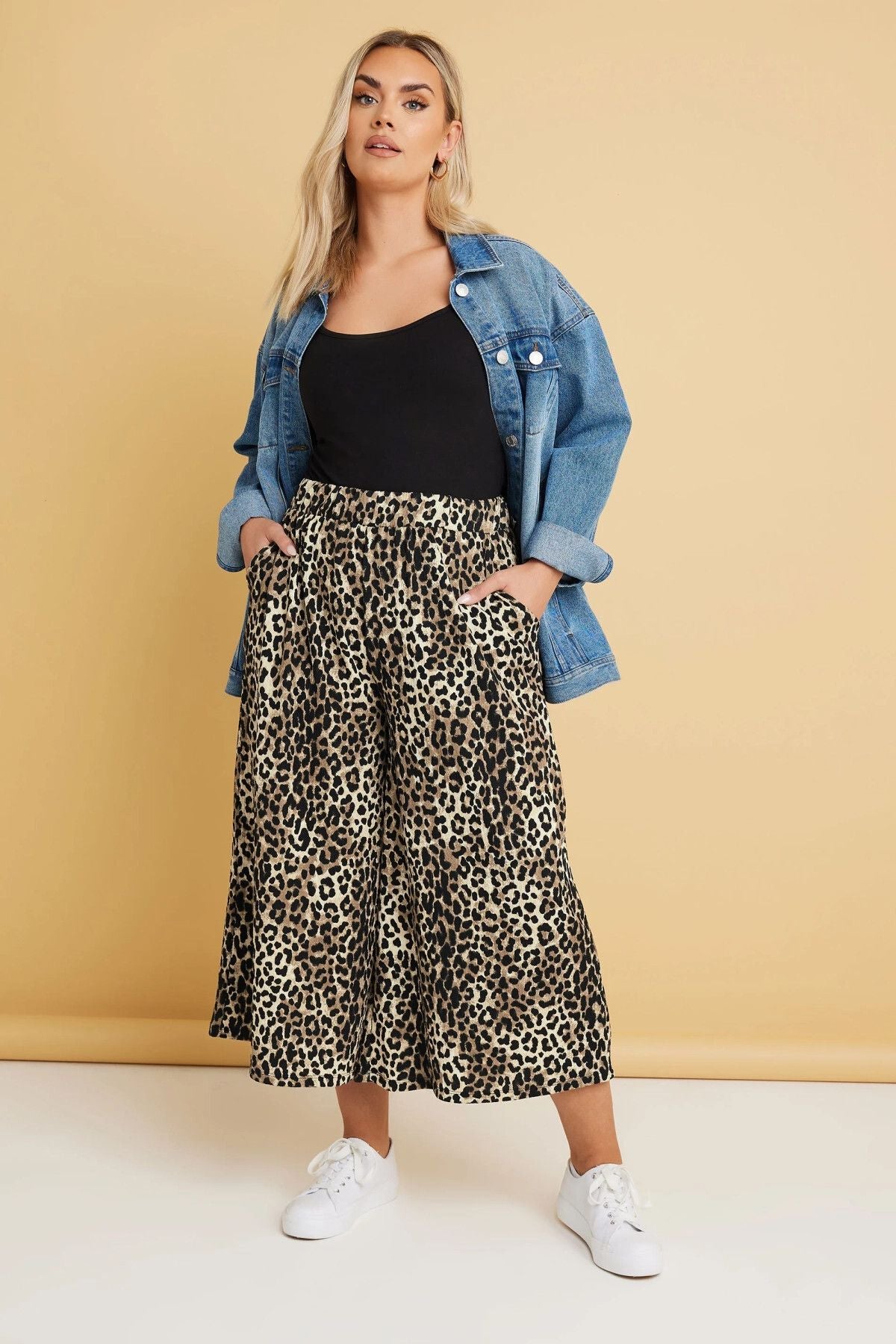 Büyük Beden Beli Lastikli Cepli Leopar Desenli Midi Bol Paça Pantolon 145267