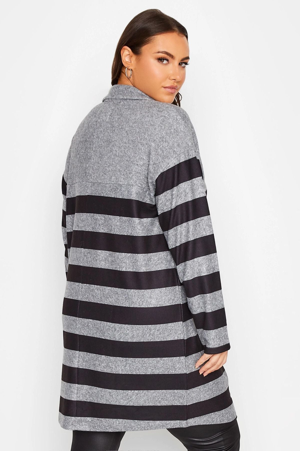 Büyük Beden Yakalı Uzun Kollu Çizgili Triko Elbise 301484