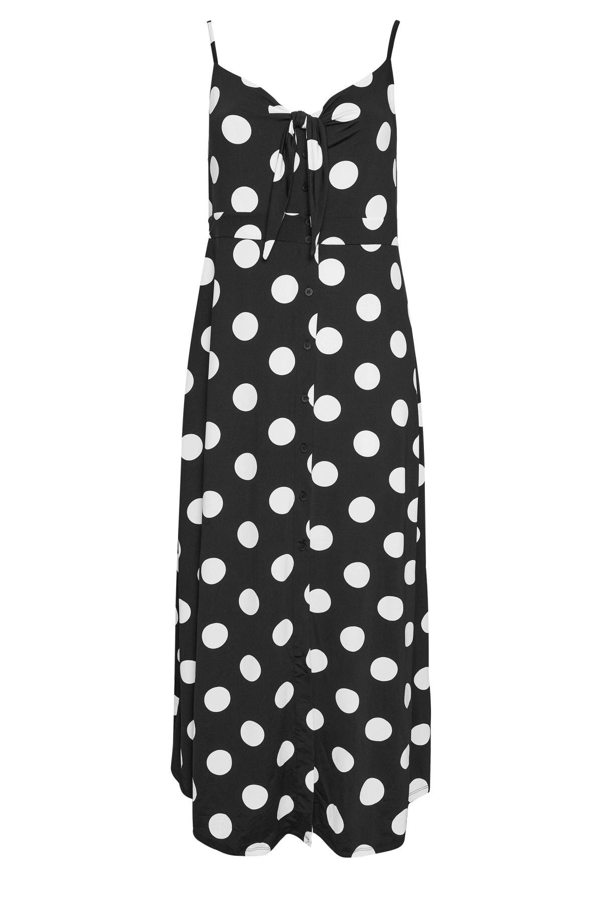 Büyük Beden Askılı Bağlama Detaylı Puantiyeli Düğmeli Yırtmaçlı Elbise 302378