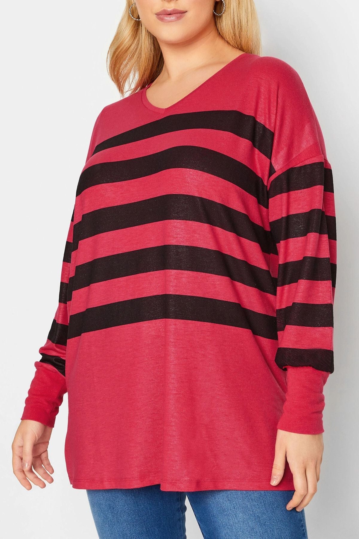 Büyük Beden V Yaka Uzun Kollu Çizgili Bluz 301566