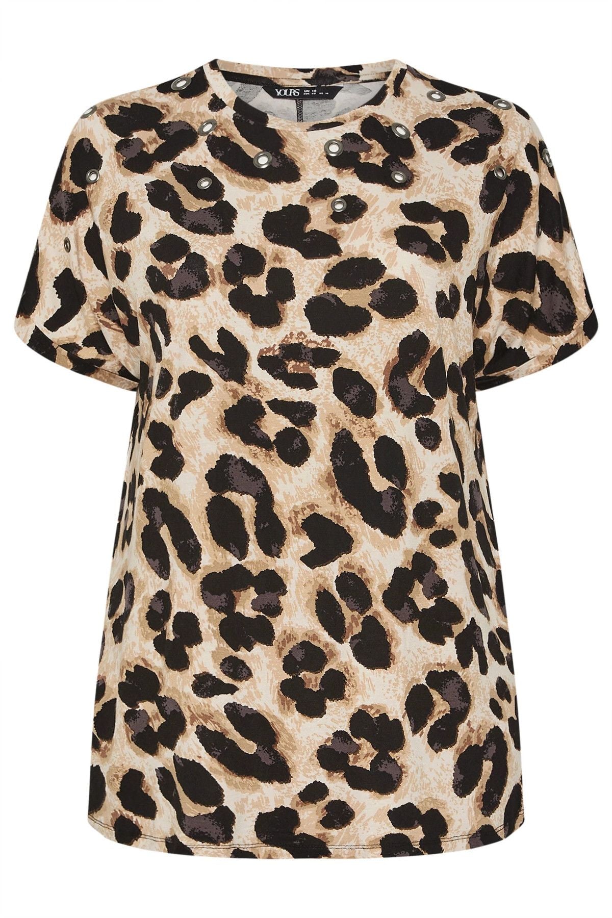 Büyük Beden Bisiklet Yaka Kısa Kollu Kuşgözü Detaylı Leopar Desenli Bluz 304127
