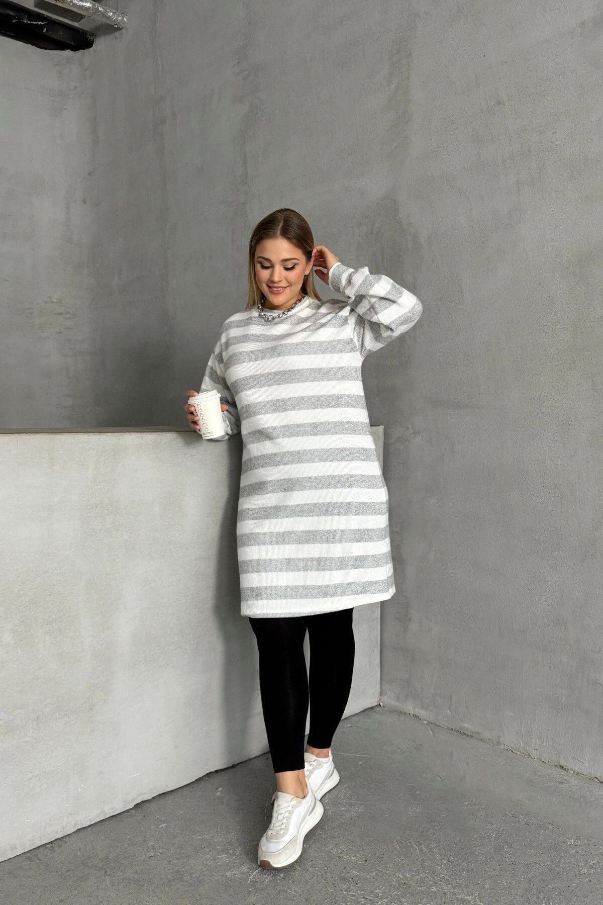 Büyük Beden Bisiklet Yaka Uzun Kollu Bileği Lastikli Çizgili Elbise 303063