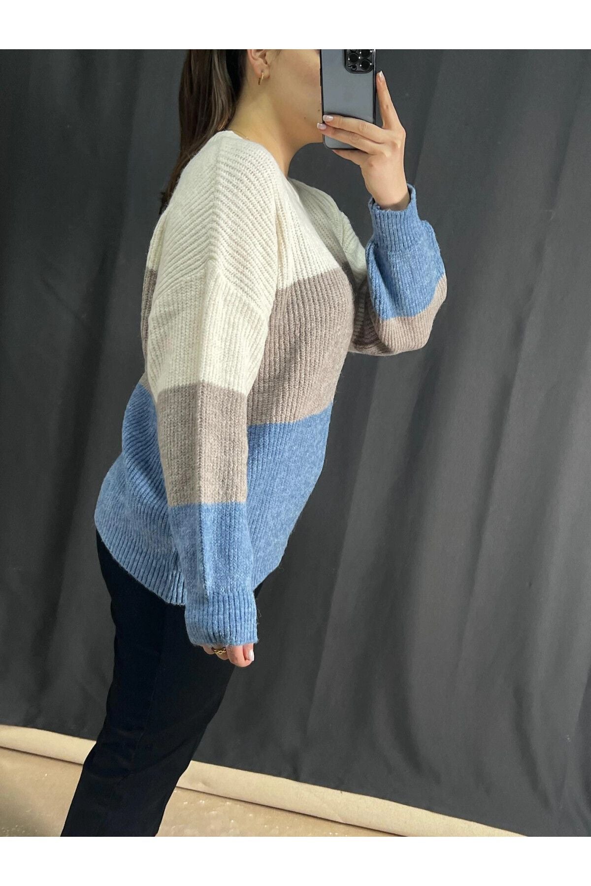 Büyük Beden Bisiklet Yaka Renk Geçişli Uzun Kollu Triko Kazak 302344