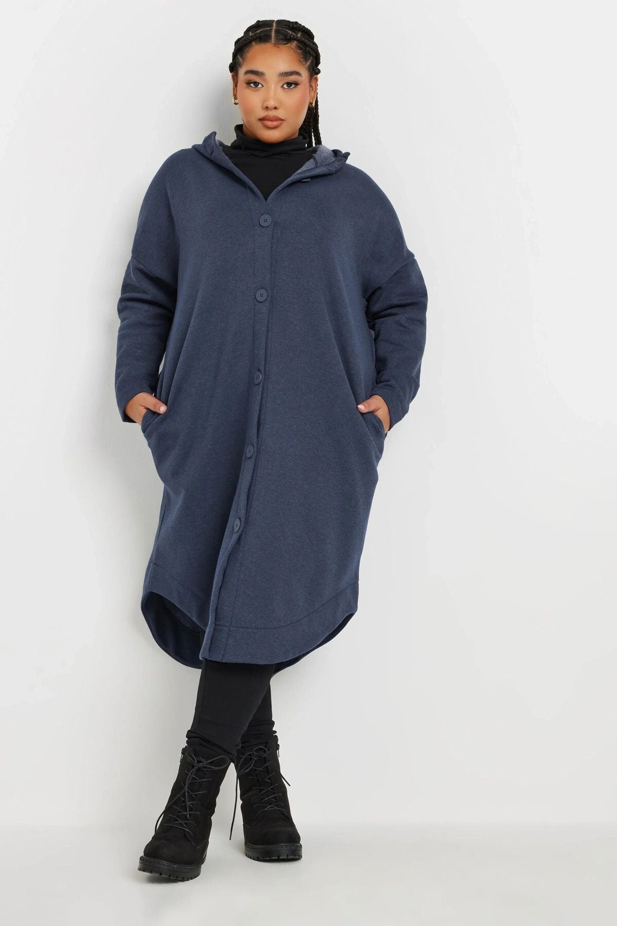 Büyük Beden Kapüşonlu Cepli Önü Düğme Kapamalı Uzun Ceket 303763