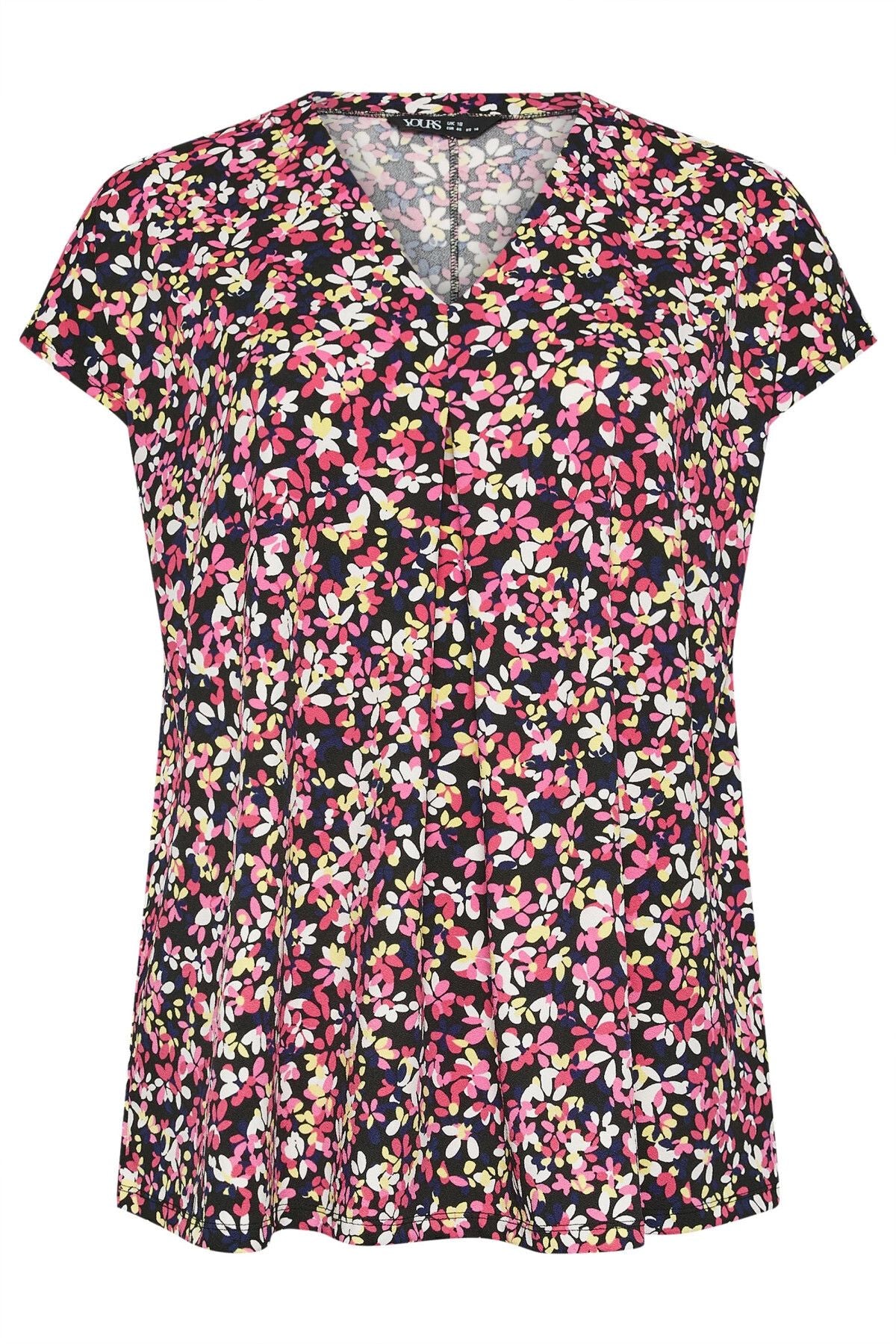 Büyük Beden V Yaka Çiçek Desenli Kısa Kollu Bluz 321703