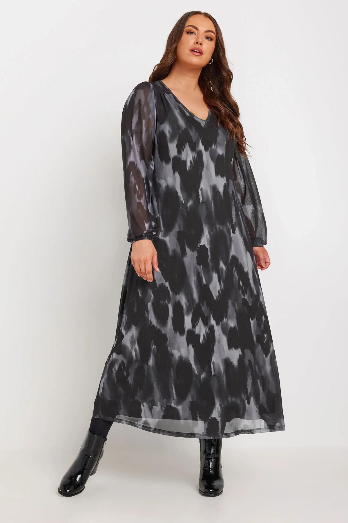 Büyük Beden V Yaka Uzun Tül Kollu Uzun Kesim Elbise 270031